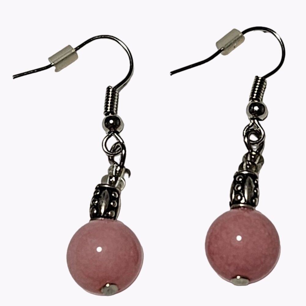 Retro Pink Bead Dangle Earrings Silver Tone Elegant Fashion Jewelry Women